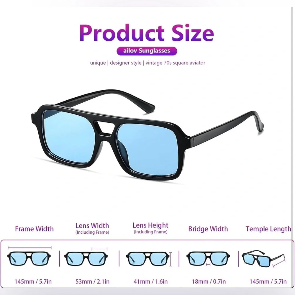 70s Retro Sunglasses Classic Double Bridge Vintage Square Aviators Blue NEW